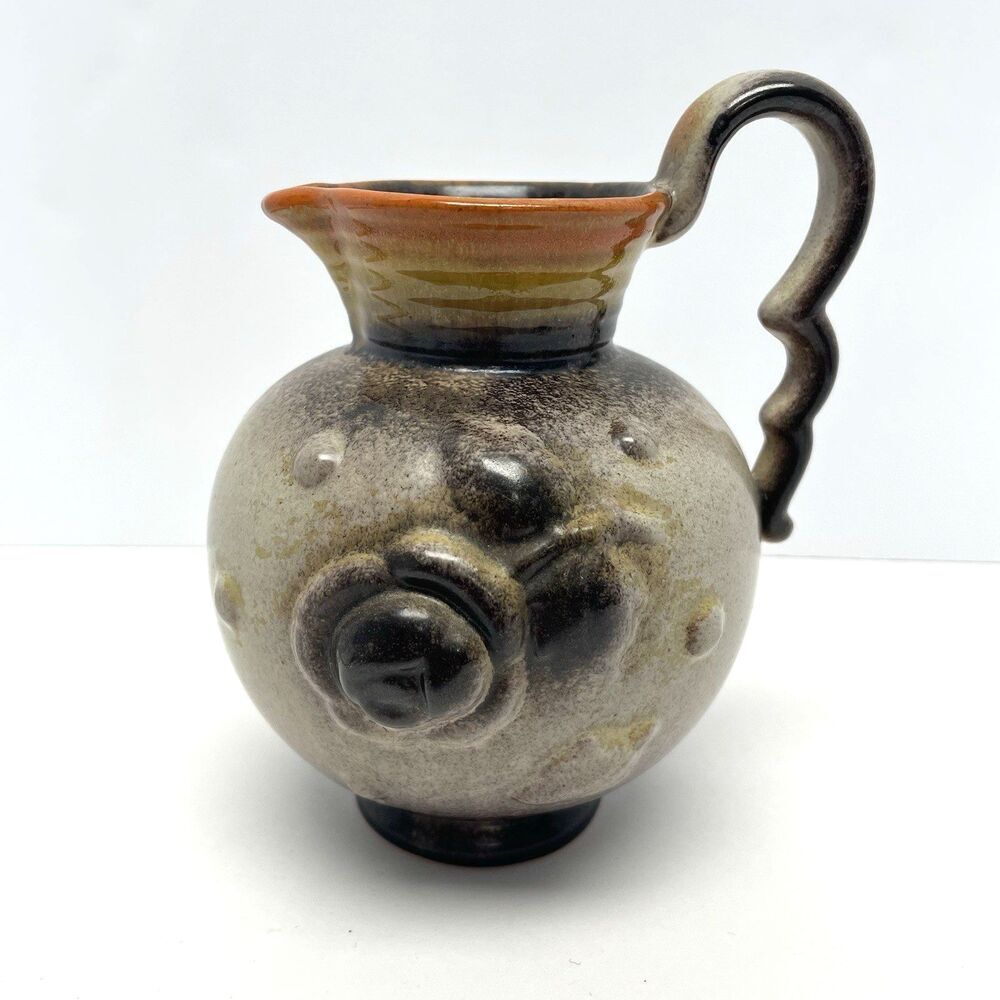 Ceramic Pitcher Brown Orange Flower Handle Decorative Made In Germany Small